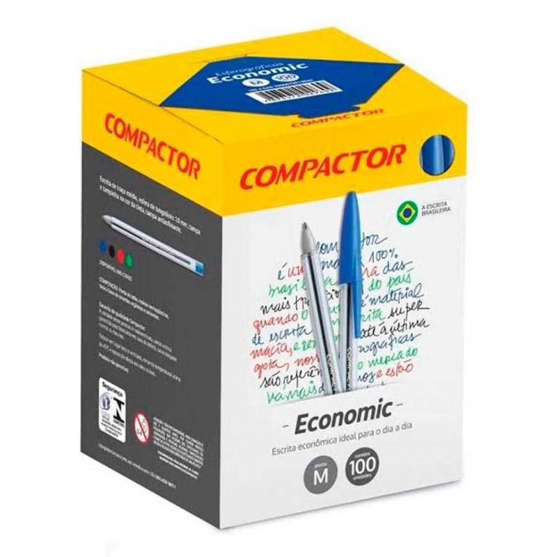 CANETA ESFEROGRÁFICA ECONOMIC 1.0mm AZUL C/ 100 Unid. - COMPACTOR COMPACTOR