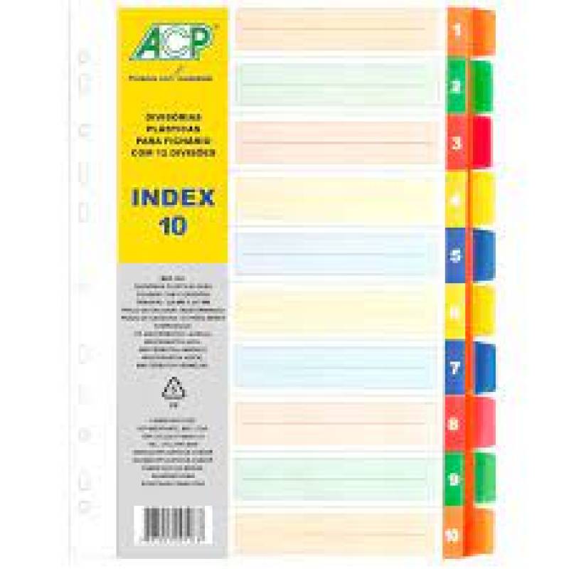DIVISÓRIA PLÁSTICA P/ FICHÁRIO 225x297mm C/ 10 DIVISÕES COLORIDAS - ACP ACP