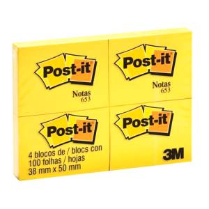 BLOCO ADESIVO 38x50mm c/ 4 BLOCOS AMARELO 100Fls POST-IT - 3